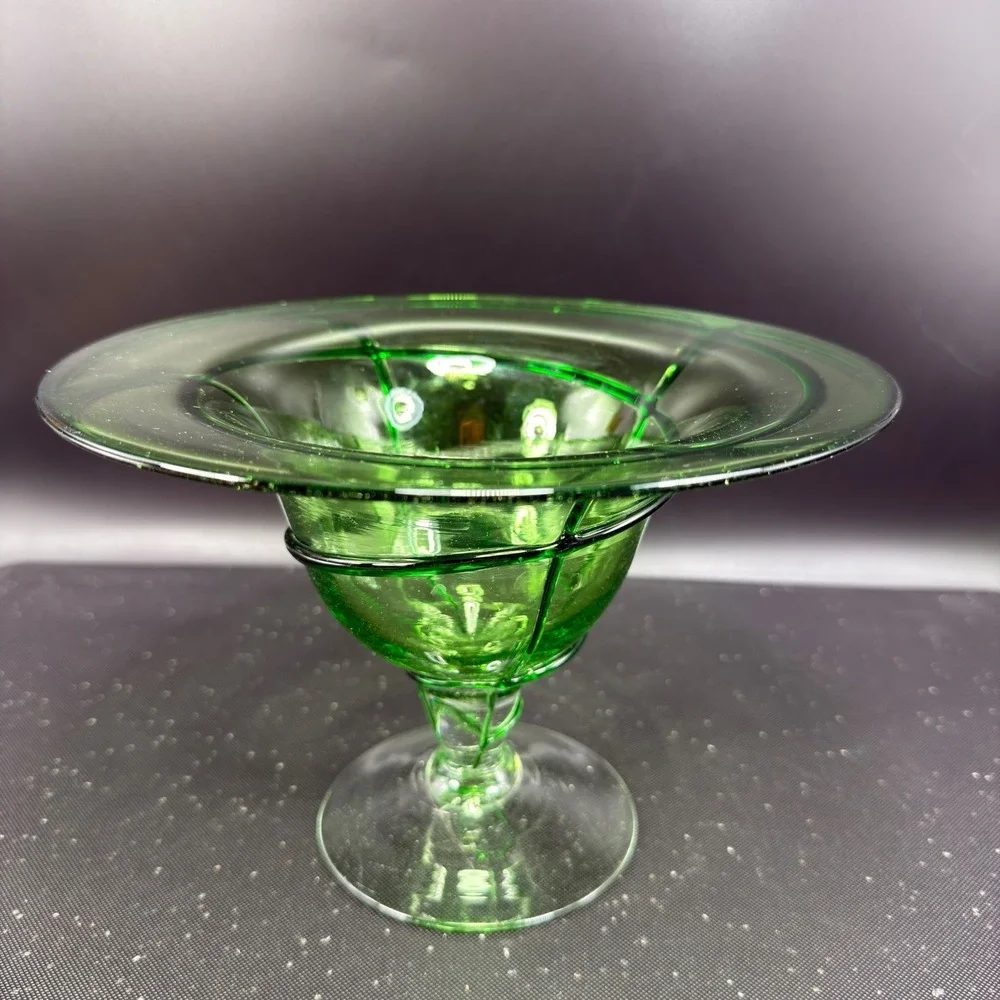 Aromatique Green Swirl Glass Bowl Mouth Blown 6x8 Made in USA Footed Centerpiece